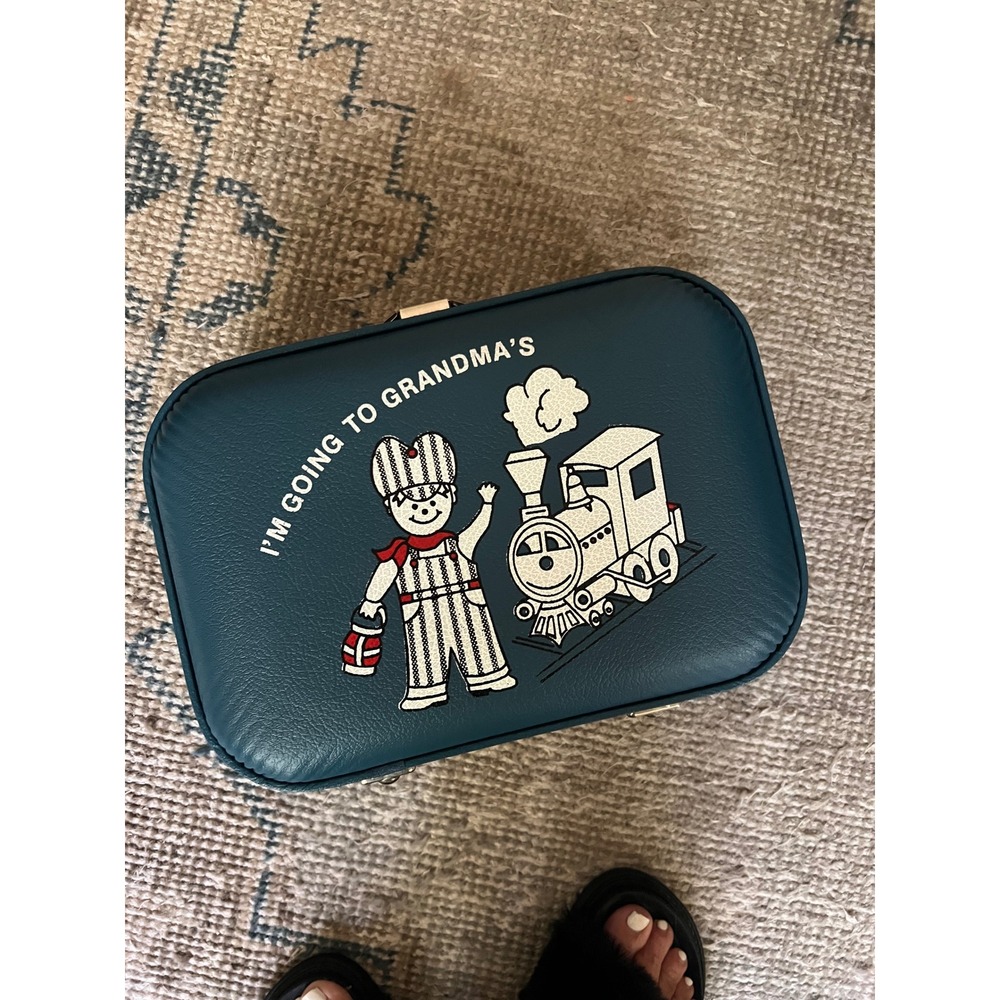 Vintage Im Going to Grandmas Train Suitcase Teal Blue Hard Shell Travel Case
